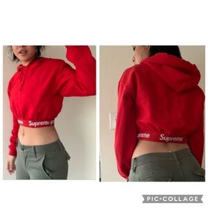 Richjoe Supreme Reworked Women's Red Drawstring Cropped Fleece Hoodie Size Small
